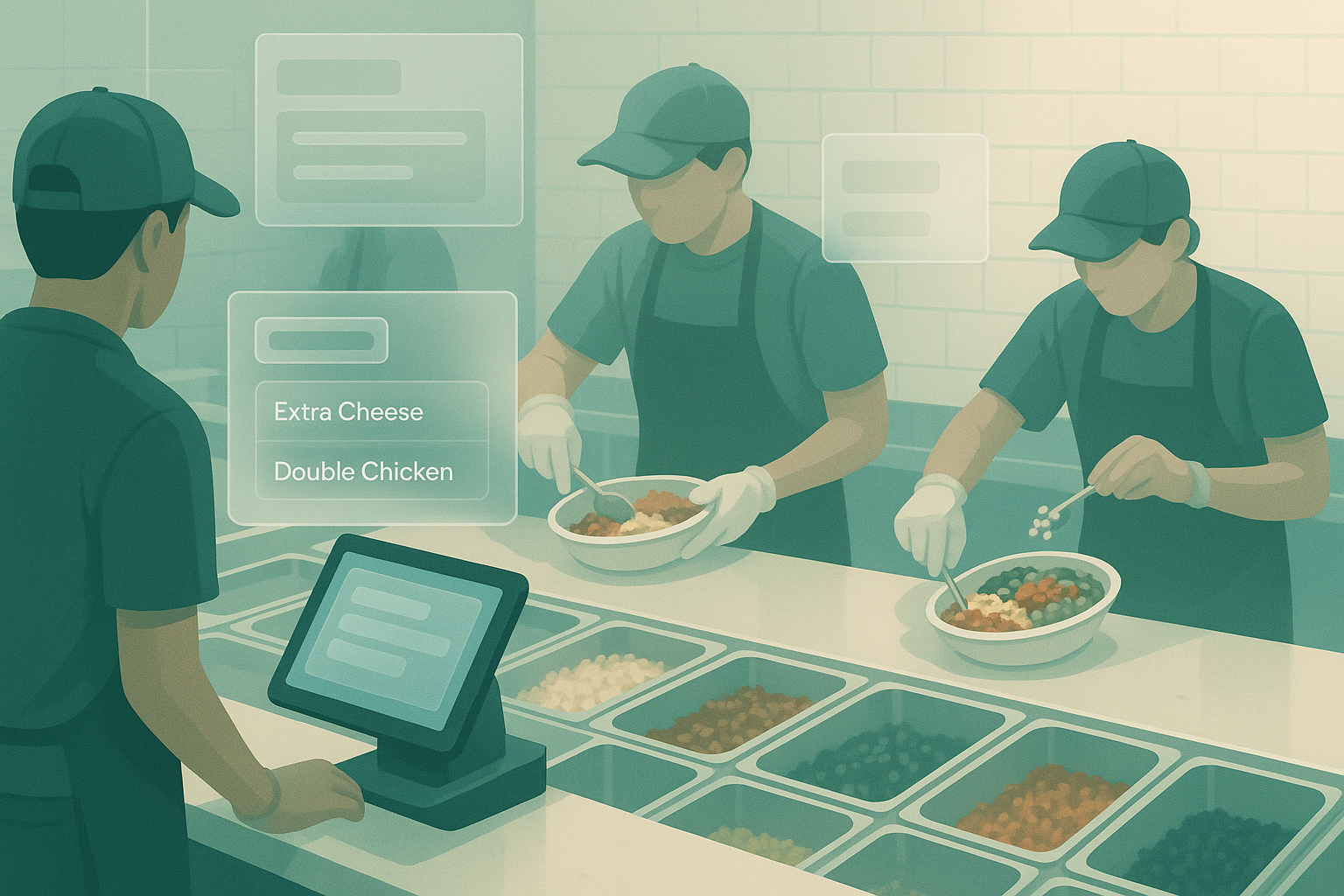 Restaurant line staff prepare orders with modifiers like extra cheese and double chicken, a common source of inventory variance.