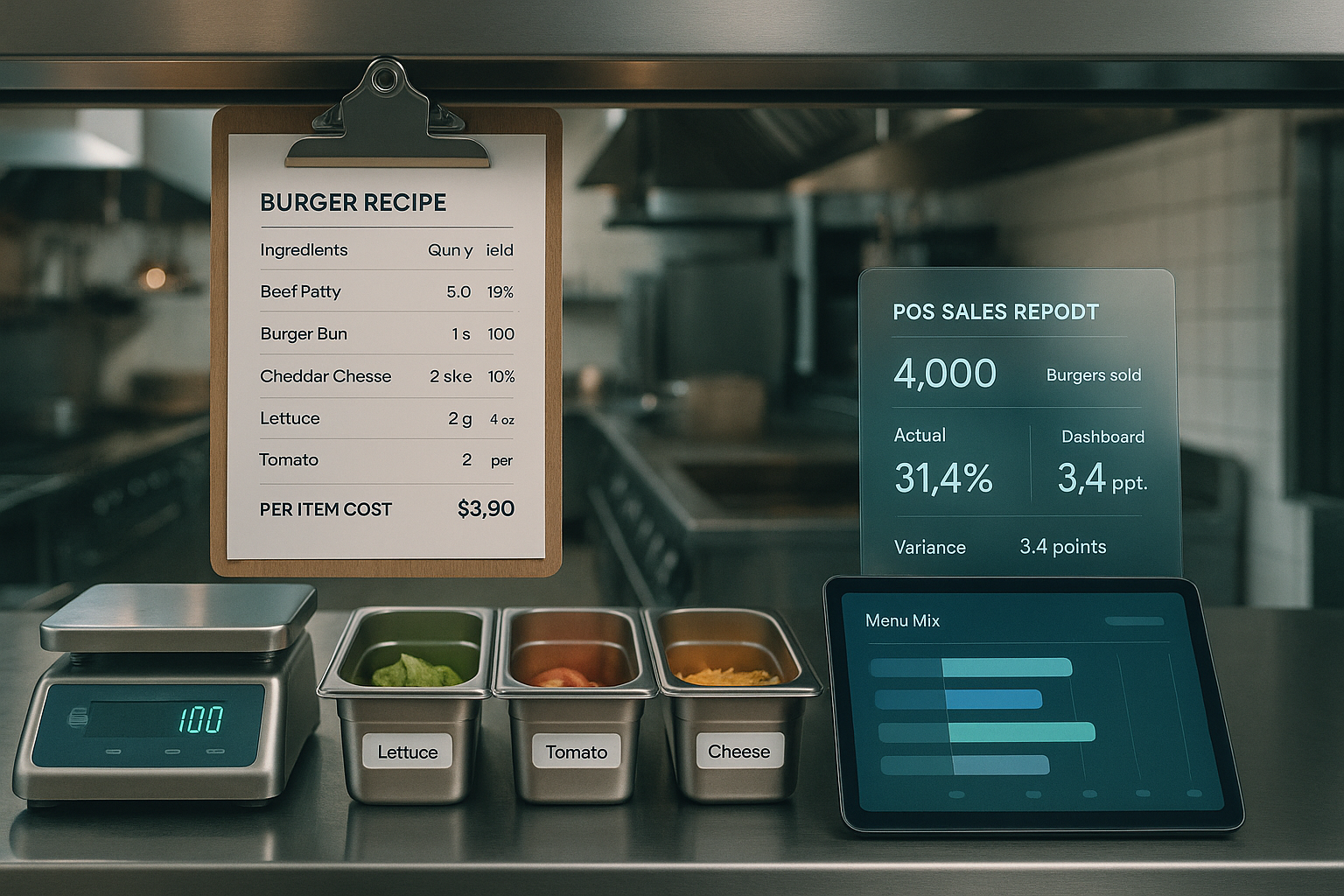 Burger recipe cost card and POS sales report used to calculate theoretical food cost and variance.