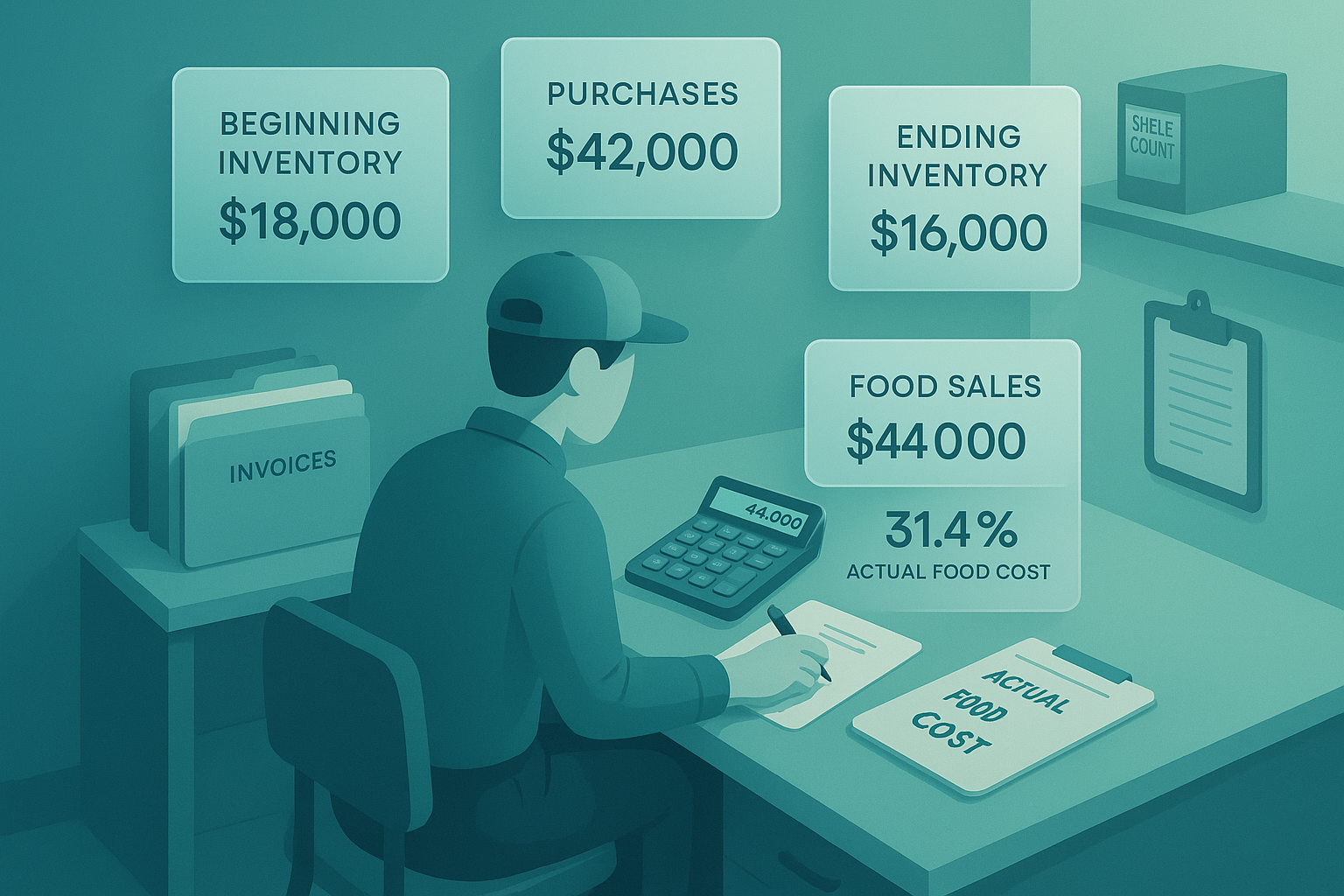 Manager calculating actual food cost from beginning inventory, purchases, and ending inventory in a restaurant office.