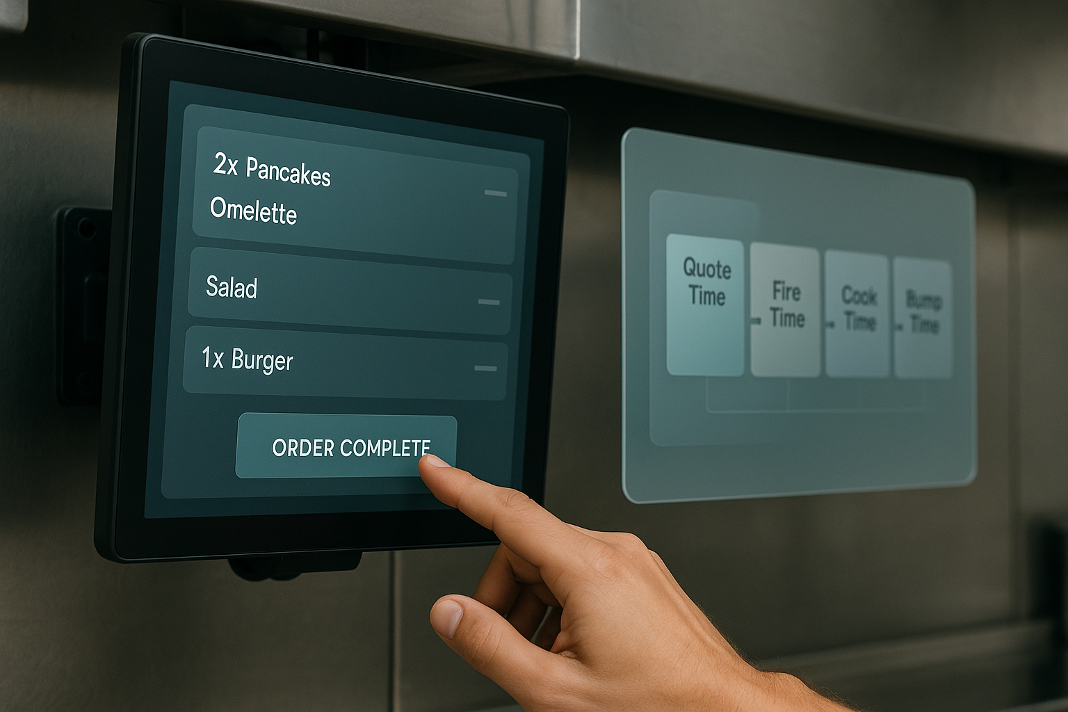 Kitchen staff member tapping a KDS order complete button beside a visual of different timing stages