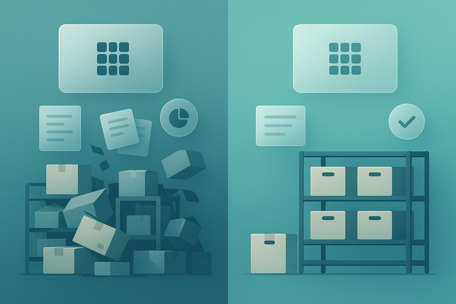 Before and after comparison of a restaurant's inventory storage.