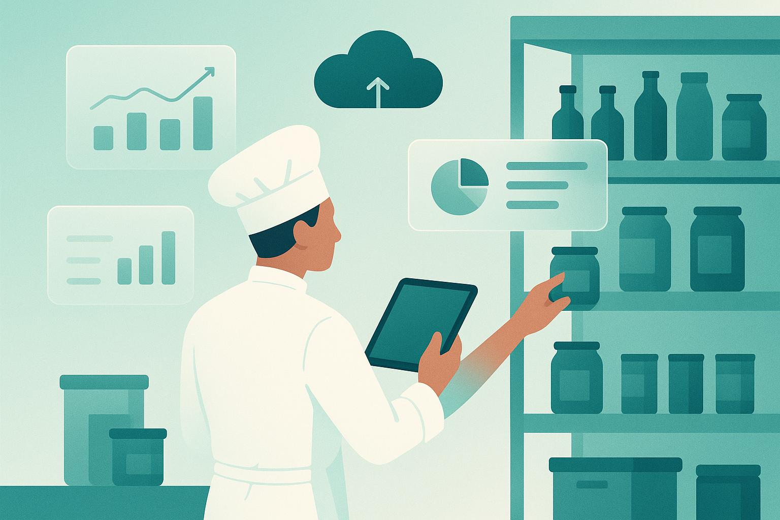 Chef using a tablet to access cloud-based inventory management data.