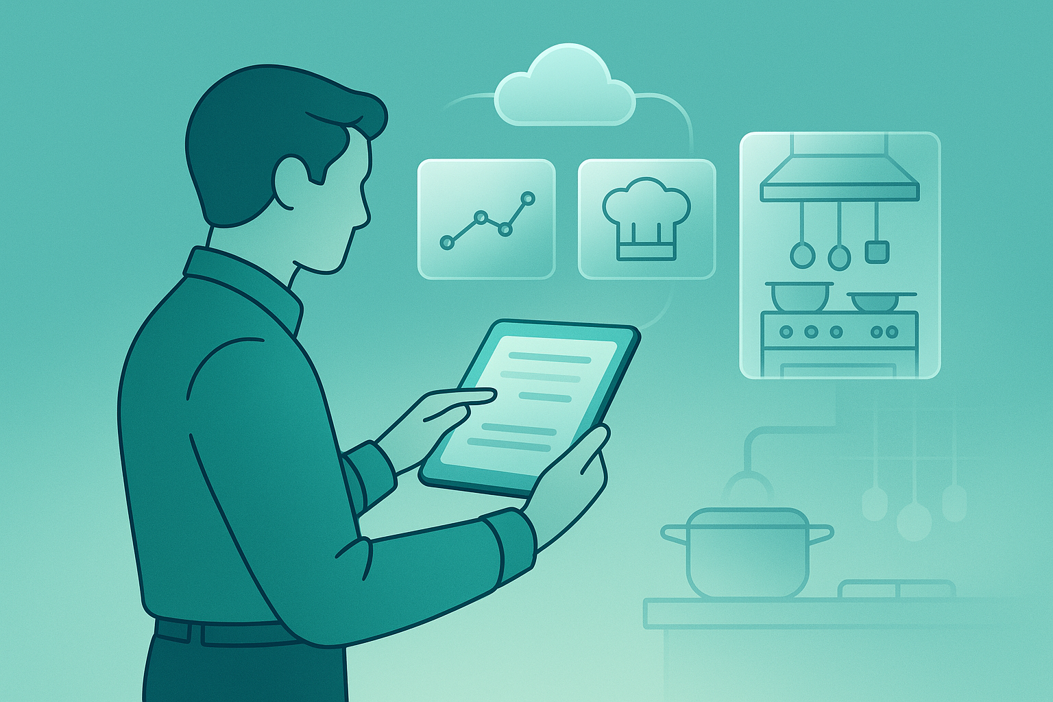 Restaurant manager accessing kitchen operations remotely via a tablet.