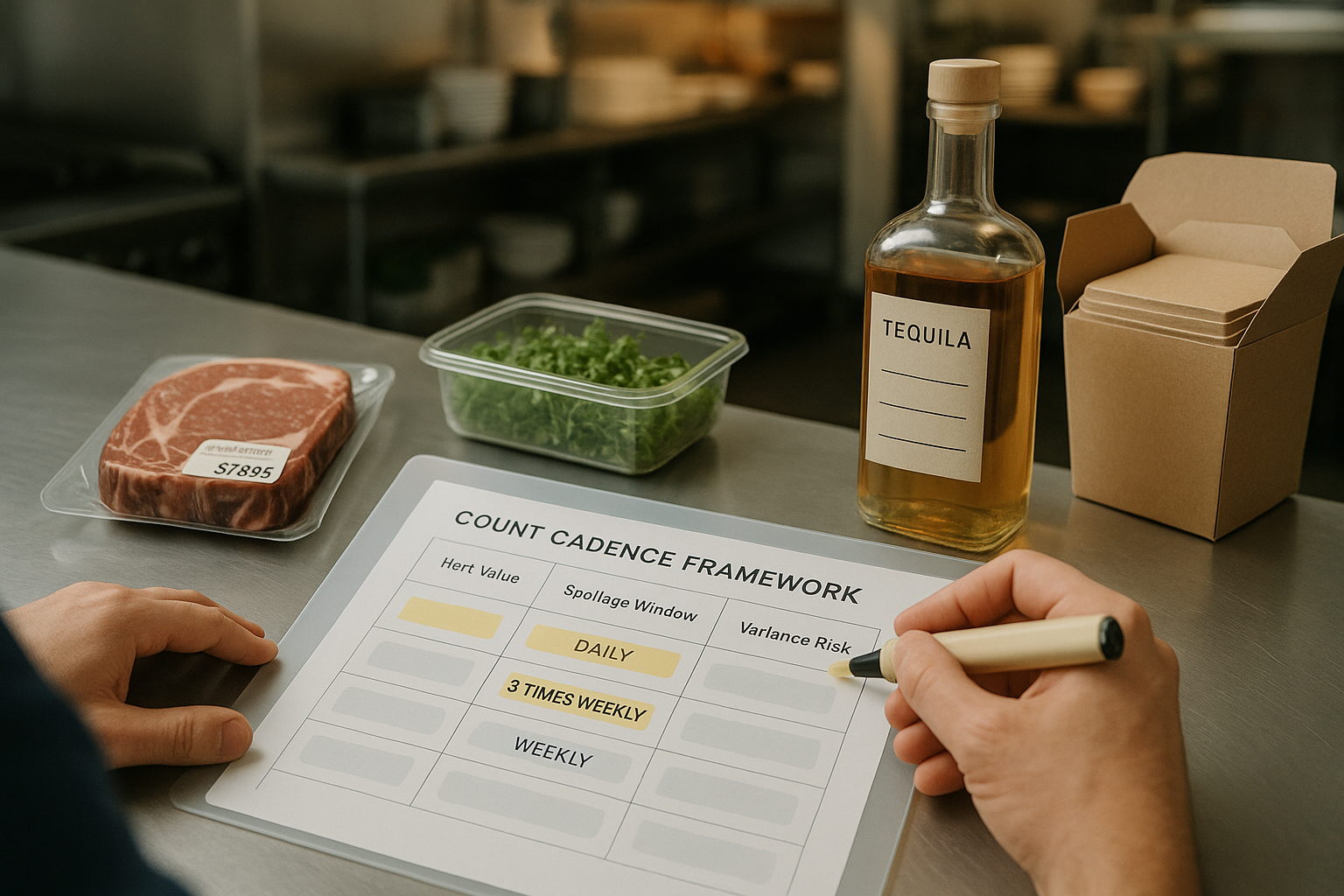 Restaurant manager using value, spoilage, variance, and service risk to decide how often to count inventory items.