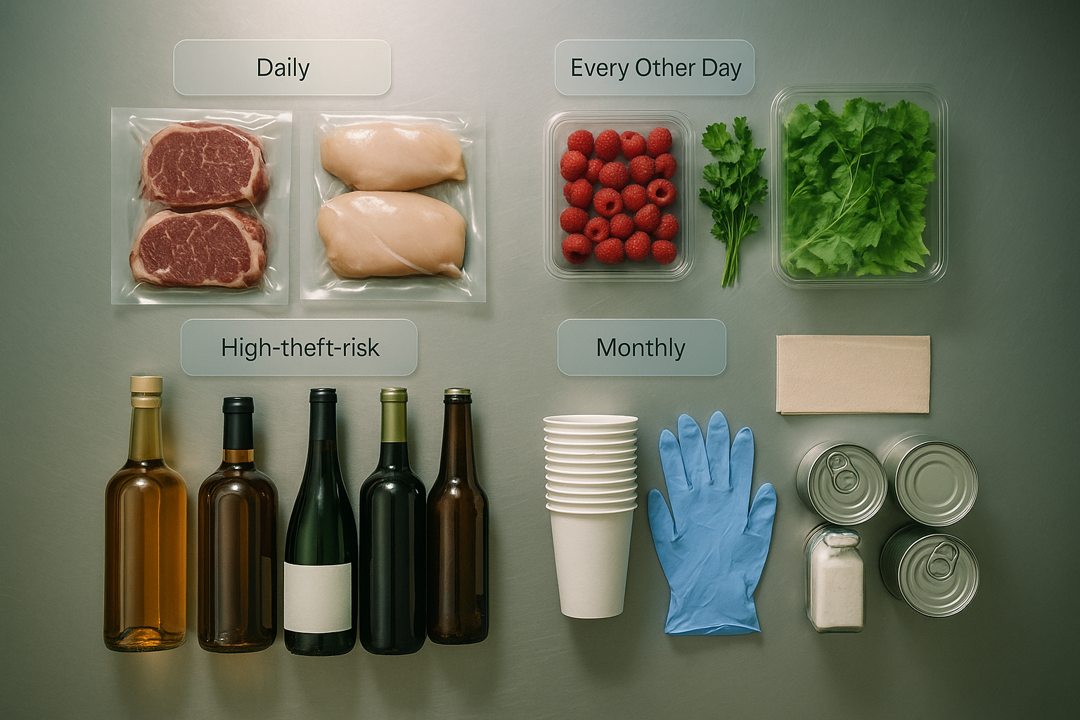 Overhead view of restaurant inventory categories arranged by risk with different count cadences for proteins, produce, beverages, and supplies.