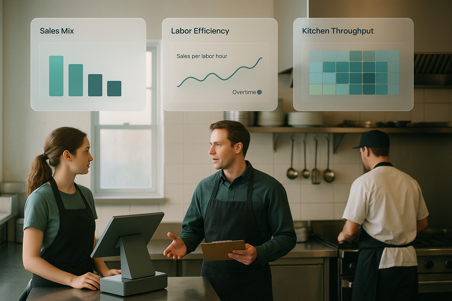 Restaurant operations displays showing sales mix, labor efficiency, and kitchen ticket time metrics during service.