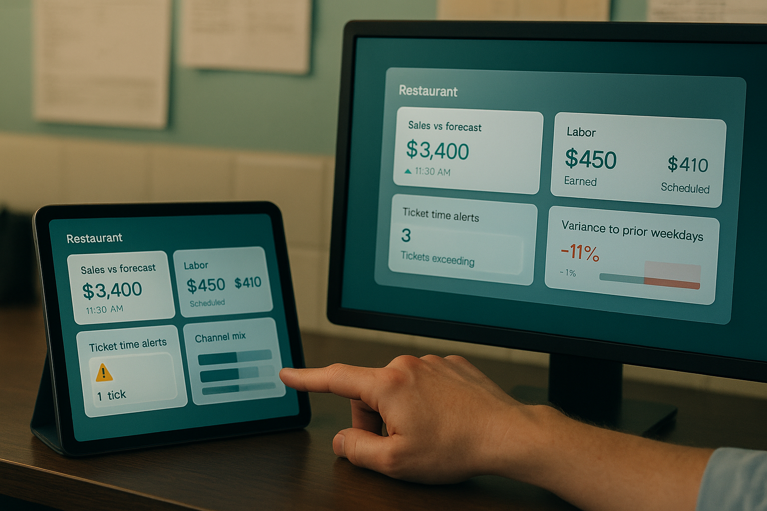 Close-up of a restaurant dashboard showing sales versus forecast, labor variance, ticket time alerts, and channel mix.