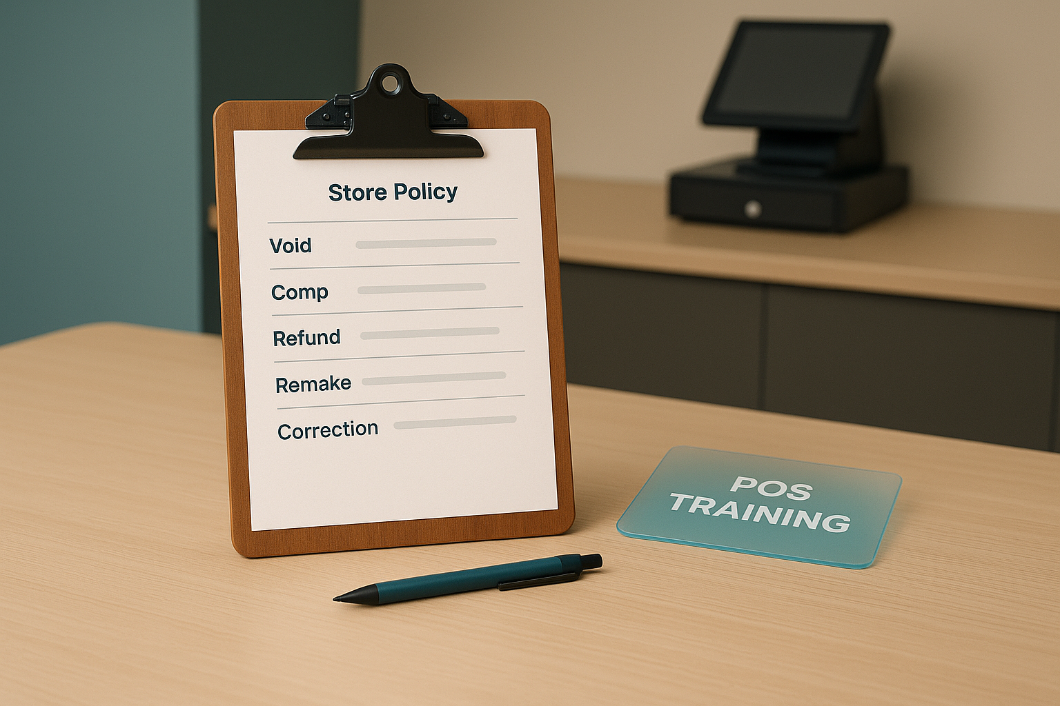 Printed restaurant policy sheet defining voids, comps, refunds, remakes, and corrections.