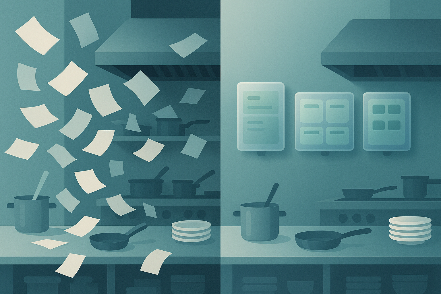 Comparison between a traditional kitchen using paper and a modern kitchen using KDS.