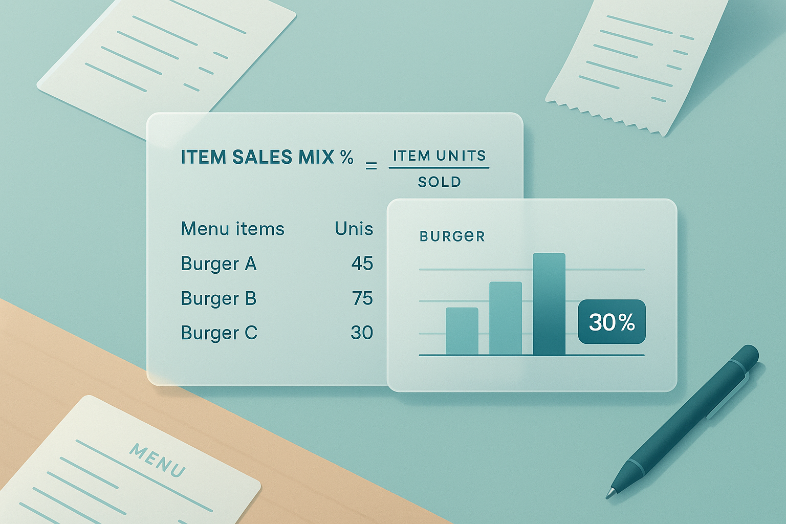Worksheet showing how restaurant sales mix is calculated from item units sold within a category.