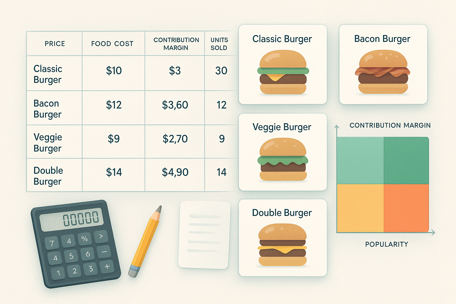 Restaurant menu analysis comparing contribution margin and sales mix across several burger items.