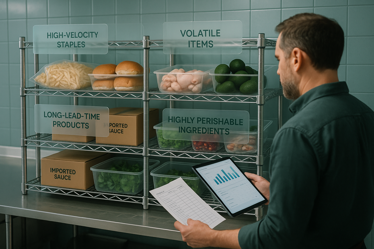 Restaurant inventory organized by staples, volatile items, long-lead-time products, and perishables for reorder point planning.