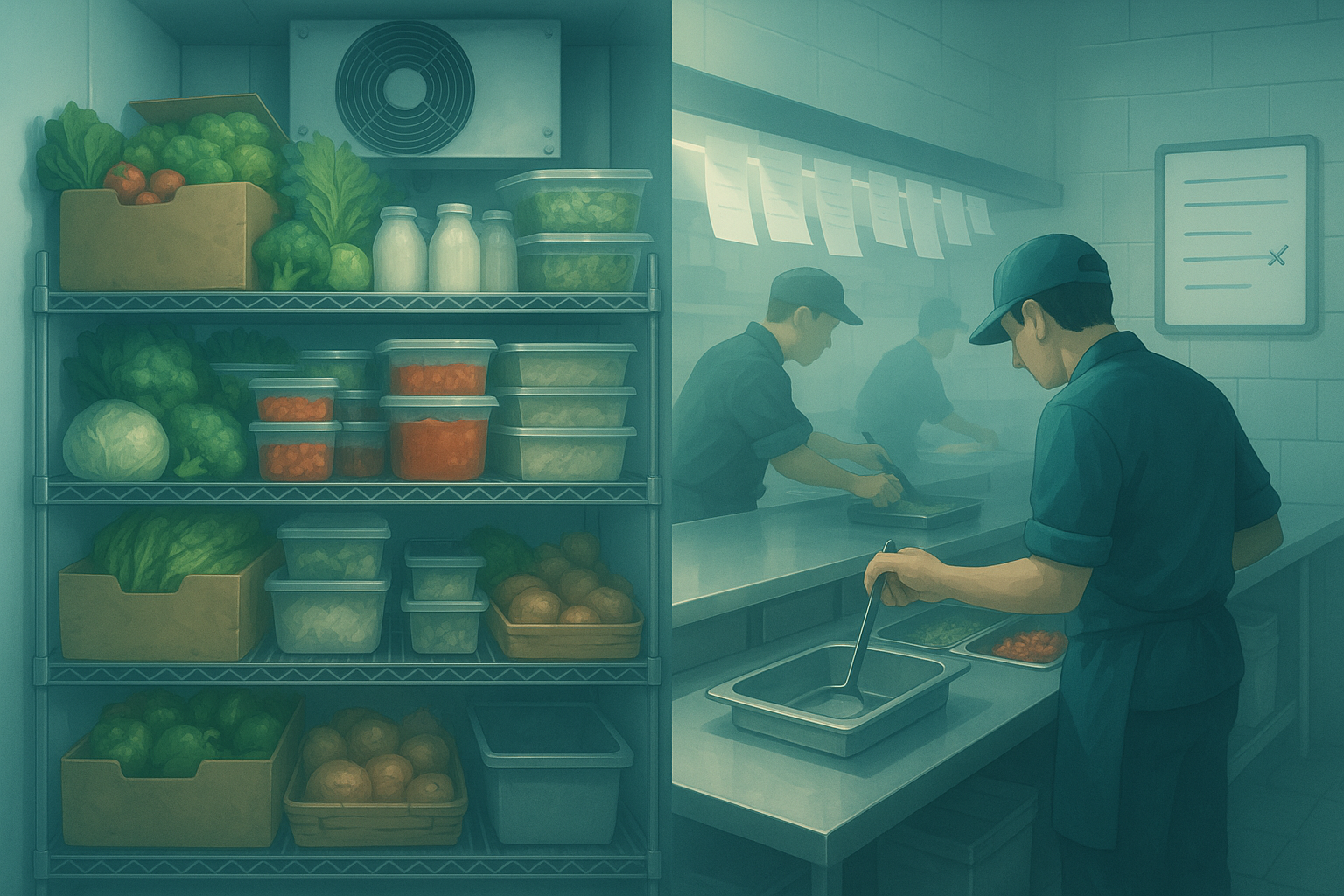 Side-by-side view of overstock waste in a walk-in cooler and a stockout during restaurant service.