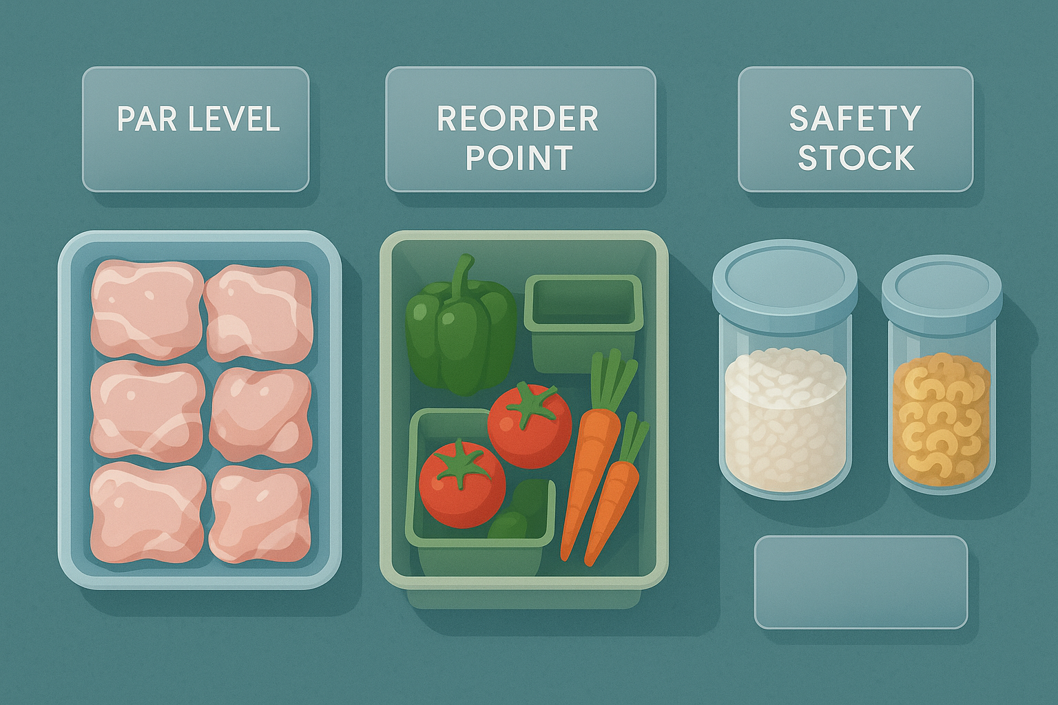 Top-down restaurant inventory example showing par level, reorder point, and safety stock as different quantities.
